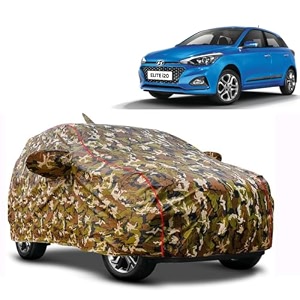 waterproof car body cover compatible with hyundai elite i20 with mirror and antena pocket and soft cotton lining inside fully bottom elastic army green with red piping