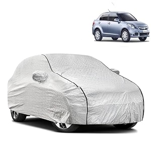 waterproof car body cover compatible with maruti dzire 2017-23 with mirror and antena pocket pocket and soft cotton lining inside fully bottom elastic silver with black piping
