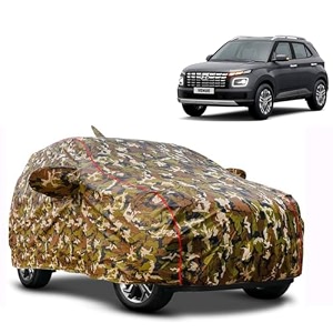 waterproof car body cover compatible with hyundai venue with mirror pocket and soft cotton lining inside fully bottom elastic army green with red piping