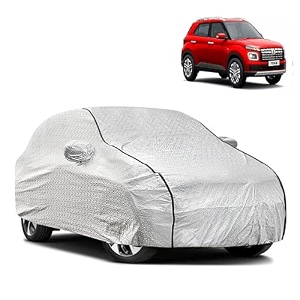 waterproof car body cover compatible with hyundai venue with mirror pocket and soft cotton lining inside fully bottom elastic silver with black piping