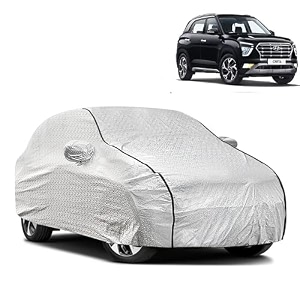 waterproof car body cover compatible with hyundai creta with mirror pocket and soft cotton lining inside fully bottom elastic silver with black piping
