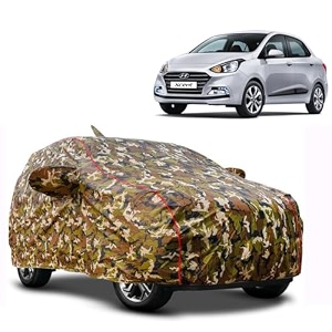 waterproof car body cover compatible with hyundai xcent with mirror pocket and soft cotton lining inside fully bottom elastic army green with red piping