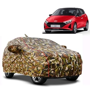 waterproof car body cover compatible with hyundai i20n with mirror pocket and soft cotton lining inside fully bottom elastic army green with red piping