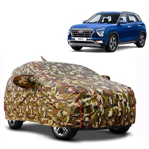 waterproof car body cover compatible with hyundai creta with mirror pocket and soft cotton lining inside fully bottom elastic army green with red piping