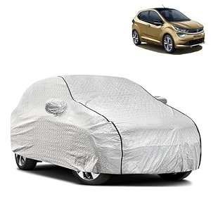 waterproof car body cover compatible with tata altroz with mirror and antena pocket pocket and soft cotton lining inside fully bottom elastic silver with black piping