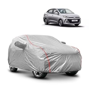waterproof car body cover compatible with hyundai aura with mirror pocket and soft cotton lining inside fully bottom elastic silver with black piping
