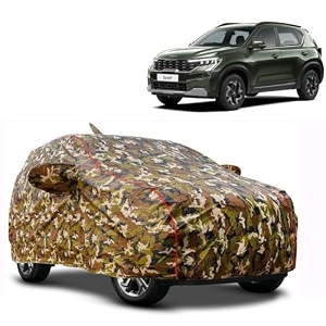 waterproof car body cover compatible with kia sonet with mirror pocket and soft cotton lining inside fully bottom elastic army green with red piping