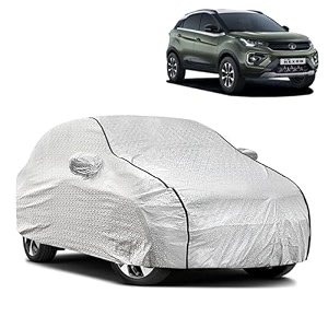 waterproof car body cover compatible with tata nexon with mirror pocket and soft cotton lining inside fully bottom elastic silver with black piping
