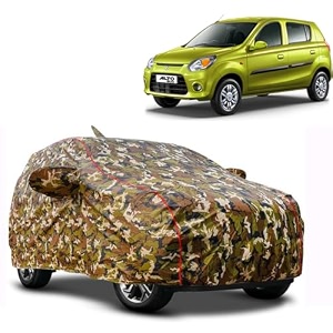 waterproof car body cover compatible with maruti alto 800 with mirror pocket and soft cotton lining inside fully bottom elastic army green with red piping