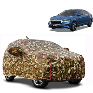 waterproof car body cover compatible with skoda slavia with mirror pocket and soft cotton lining inside fully bottom elastic army green with red piping