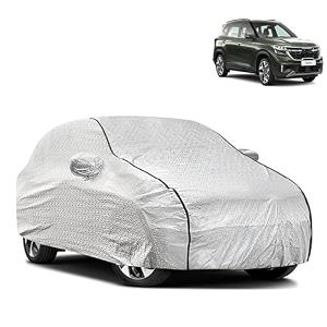 waterproof car body cover compatible with kia seltos with mirror pocket and soft cotton lining inside fully bottom elastic silver with black piping