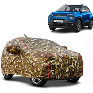 waterproof car body cover compatible with tata punch with mirror and antena pocket pocket and soft cotton lining inside fully bottom elastic army green with red piping