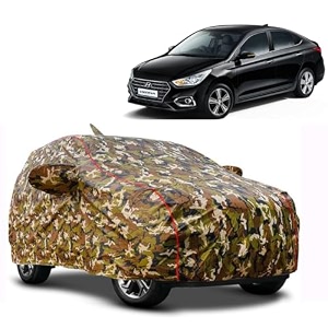 waterproof car body cover compatible with hyundai verna facelift with mirror pocket and soft cotton lining inside fully bottom elastic army green with red piping