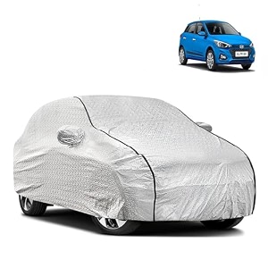 waterproof car body cover compatible with hyundai elite i20 with mirror and antena pocket and soft cotton lining inside fully bottom elastic silver with black piping