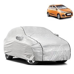 waterproof car body cover compatible with hyundai grand i10 with mirror and antenapocket and soft cotton lining inside fully bottom elastic silver with black piping