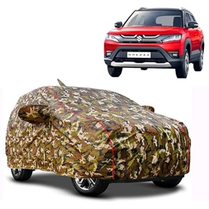 waterproof car body cover compatible with maruti brezza with mirror pocket and soft cotton lining inside fully bottom elastic army green with red piping