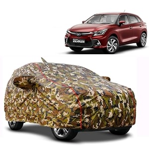 waterproof car body cover compatible with toyota glanza with mirror and antena pocket pocket and soft cotton lining inside fully bottom elastic army green with red piping