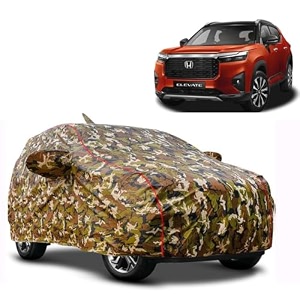 waterproof car body cover compatible with honda elevate with mirror pocket and soft cotton lining inside fully bottom elastic army green with red piping