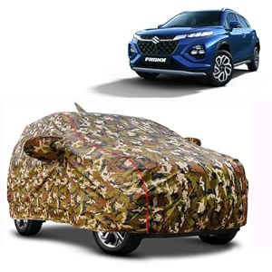 waterproof car body cover compatible with maruti fronx with mirror pocket and soft cotton lining inside fully bottom elastic army green with red piping