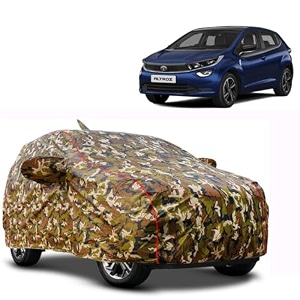 waterproof car body cover compatible with tata altroz with mirror and antena pocket pocket and soft cotton lining inside fully bottom elastic army green with red piping