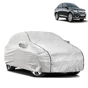 waterproof car body cover compatible with honda amaze with mirror pocket and soft cotton lining inside fully bottom elastic silver with black piping