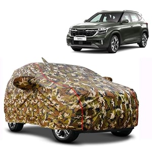 waterproof car body cover compatible with kia seltos with mirror pocket and soft cotton lining inside fully bottom elastic army green with red piping