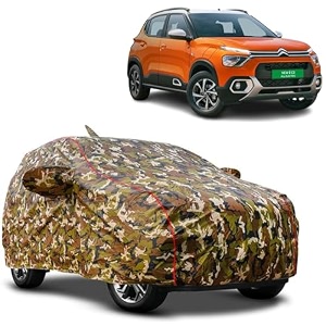 waterproof car body cover compatible with citoren c3 with mirror pocket and soft cotton lining inside fully bottom elastic army green with red piping