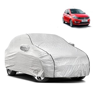 waterproof car body cover compatible with tata tiago with mirror and antena pocket and soft cotton lining inside fully bottom elastic silver with black piping