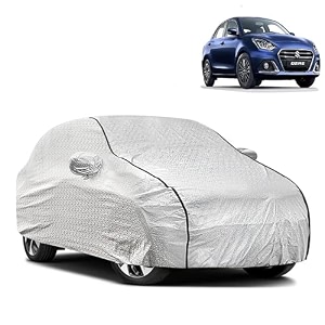 waterproof car body cover compatible with maruti new dzire with mirror and antena pocket pocket and soft cotton lining inside fully bottom elastic silver with black piping
