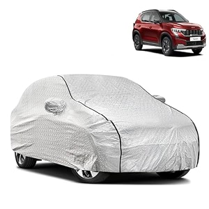 waterproof car body cover compatible with kia sonet with mirror pocket and soft cotton lining inside fully bottom elastic silver with black piping
