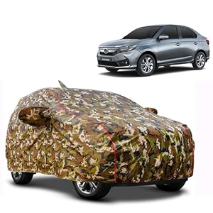 waterproof car body cover compatible with honda amaze with mirror pocket and soft cotton lining inside fully bottom elastic army green with red piping