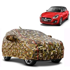 waterproof car body cover compatible with maruti swift 2017-23 with mirror and antena pocket pocket and soft cotton lining inside fully bottom elastic army green with red piping