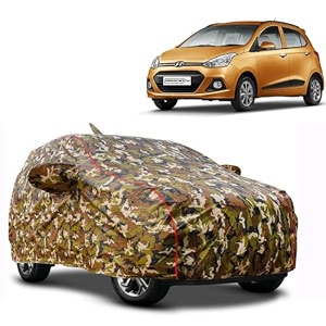 waterproof car body cover compatible with hyundai grand i10 with mirror and antenapocket and soft cotton lining inside fully bottom elastic army green with red piping