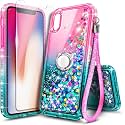 NGB for iPhone Xs Case &amp; iPhone X Case Cute Liquid Glitter, Pink/Aqua
