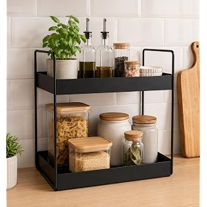 stainless steel multipupose 2-tier standing rack bathroom countertop organizer storage spice rack standing shelf organizer vanity tray cosmetic makeup storage kitchen black nhsp