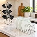 Stainless Steel Cup Stand for Kitchen, Coffee and Tea Mug Holder, Dinning Table Cup Stand with Combo Plate Stand/Utensil Countertop Rack for Cabinet Hanging Shelves (Pack of 2)(NHSP)