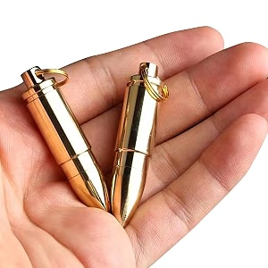 keychain pill holder portable solid brass waterproof pill box container for purse or pocket or necklace mini edc pill case for outdoor travel  bullet pendant design2pcs