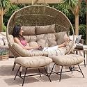 NICESOUL Double Egg Chair with Footstools &amp; Cushions, Oversized Wicker Boho Chair Extra Large with Footrests Stationary 2 Person Loveseat Comfort Deep Seating for Indoor Outdoor
