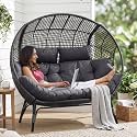 NICESOUL® Double Egg Chair Indoor Outdoor Stationary Oversized 6.5" Thick Padded Cushions,2 Person Egg Wicker Loveseat Chair, Extra Large Lounge Chair for Patio Balcony Porch Backyard Gray