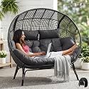 NICESOUL® Double Egg Chair Indoor Outdoor Stationary Oversized 6.5" Thick Padded Cushions,2 Person Wicker Egg Loveseat Chair, Extra Wide Lounge Chair for Patio Balcony Porch Gray with Cover