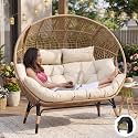 NICESOUL® Double Egg Chair Indoor Outdoor Stationary Oversized Thicken Padded Cushions,2 Person Egg Loveseat Chair, Extra Large Lounge Chair for Patio Balcony Porch Backyard Beige with Cover