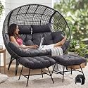 NICESOUL Indoor Outdoor Double Egg Chair with Footrest Padded Cushion, Oversized Wicker Twin Egg Shaped Chair Wide Seater with Ottoman, 2 People Loveseat Gray for Patio Porch Balcony