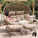 NICESOUL Indoor Outdoor Double Egg Chair with Footstools &amp; 6.5" Thick Cushions, Oversized Wicker Egg Shaped Chair with Footrest, Stationary 2 Seater Comfy Loveseat for Patio Backyard Garden Sunroom