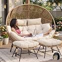 NICESOUL Indoor Outdoor Stationary Double Egg Chair with Ottoman Padded Cushions, 57.1" Plus Size XL Wicker Chair Deep Seating with Footrests, 2 Person Loveseat for Patio Porch Balcony Cream Beige
