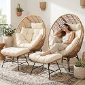 NICESOUL Indoor Outdoor Wicker Egg Chair w/Footrests, Oversized Cushioned Egg Seat Chair Set of 2, 440lbs Egg Basket Patio Lounge Chair, Elegant Boho Rattan Chairs for Patio, Inside, Outside, Beige