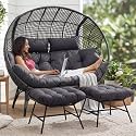 NICESOUL Luxury Double Egg Chair with Footrest &amp; Cushions, Two Person Wicker Eggshell Chair Large with Ottoman, 2 Person Loveseat Comfort Deep Seating for Interiors Exteriors Balcony Dark Gray