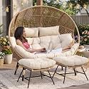 NICESOUL Modern Double Egg Chair with Footrest &amp; Padded Cushions, 2 Person Wide Wicker Lounge Chair with Deep Seating, 57.1" Extra Large Stationary Loveseat Cozy Cream Chairs for Inside Outside