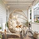 Nicesoul Outdoor Hanging Egg Chair Without Stand, Patio Wicker Swing Egg Basket Chairs with Padded Cushion, 350 Lbs Comfy Cozy Ceiling Tree Swinging Egg-Shaped Chair No Stand for Indoor Balcony, Beige