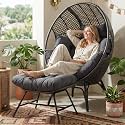 NICESOUL Patio Egg Chair with Ottoman, Big Oversized 440lbs Half-Egg Shape Chair w/Footstool, Comfortable Boho Rattan Lounger Chair w/Cushion for Reading, Living Room, Indoor, Exteriors, Porch,Gray