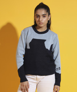 nick and jones colorblock round neck casual girls black grey sweater